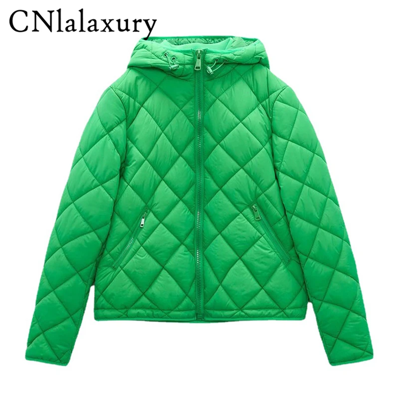 CNlalaxury 2022 Women Thin Parkas Green Hoodie Outwear Female Long Sleeve Plaid Padded Coat Casual Loose Jacket Spring Bomber