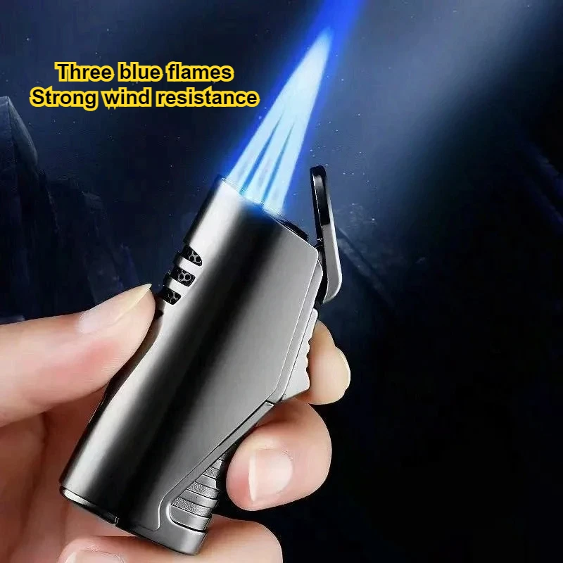 

Hot selling Fashion Metal Three Torch Jet Blue Flame Lighter with Cigar Knife Outdoor Windproof Inflatable Lighter Men's Gift