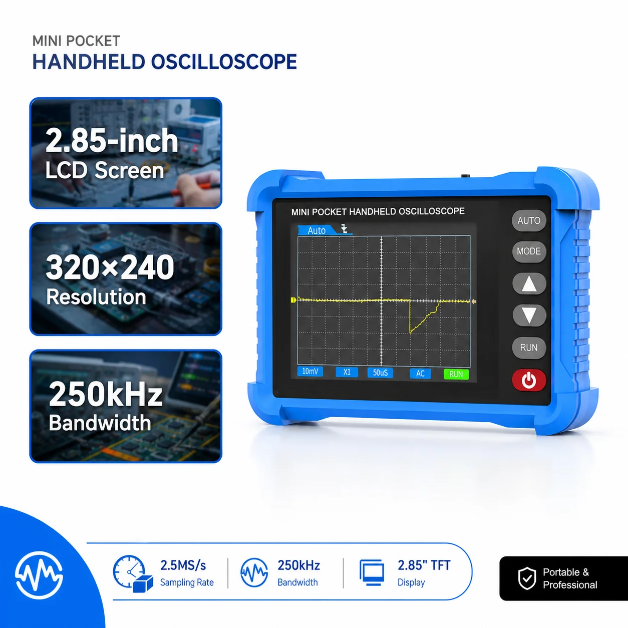 Osciloscopio Digital de Bolsillo HoldPeak 2.5MS/s 250KHz, Mini Osciloscopio Portátil con Disparador Automático Tipo-C para Laboratorio, Educación, Reparación y Pruebas