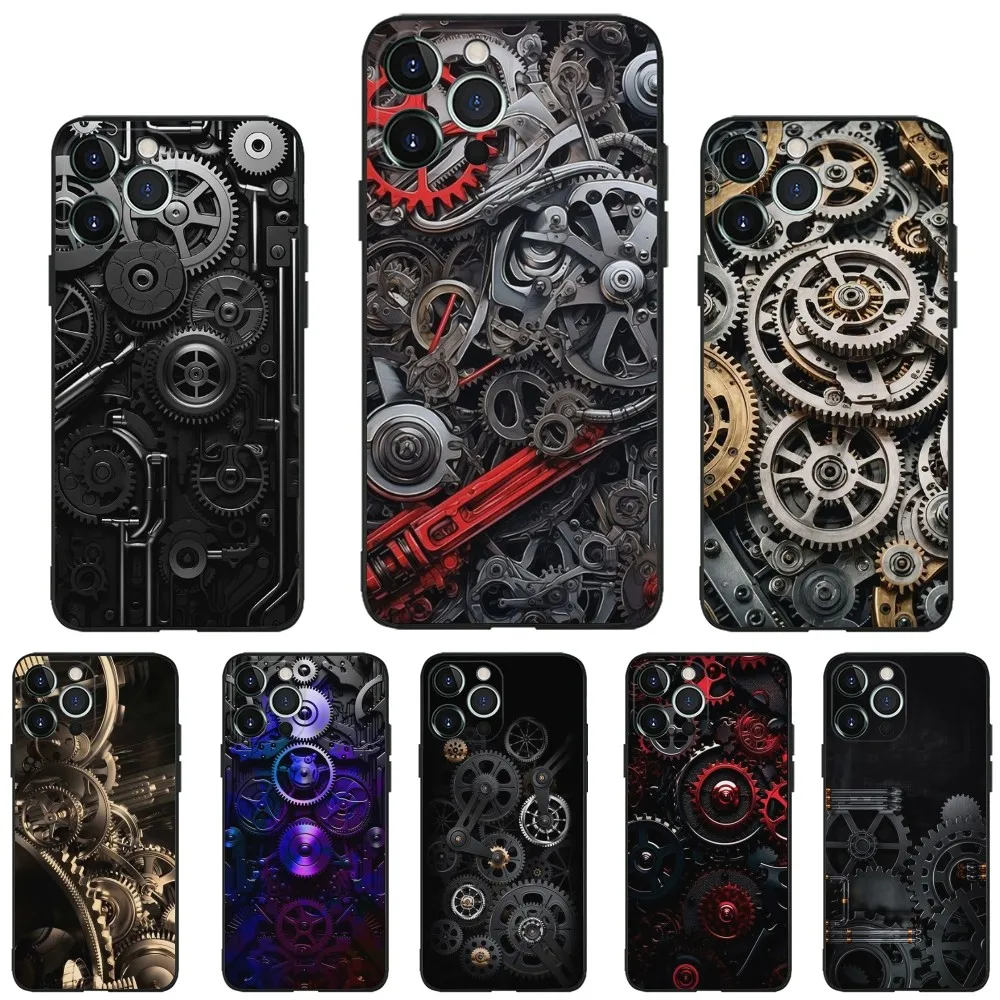 Mechanical Gear Phone Case for Apple iPhone, 13, 14,13,12,11,XS,XR,X,8,7,Pro,Max,Plus, Mini Silicone Cover Black