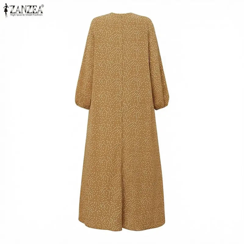 ZANZEA Women Modest Maxi Dress Hijabis Dots Print O-Neck Long Sleeve Loose Abaya Robes Muslim Islamic Ramadan Eid Kaftan