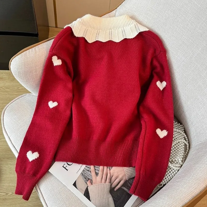 Neploe New Year Red V-neck Heart Sweater Mujer Spring New Lapel Neck Knitted Cardigan Y2k Long Sleeve Loose Tops Women