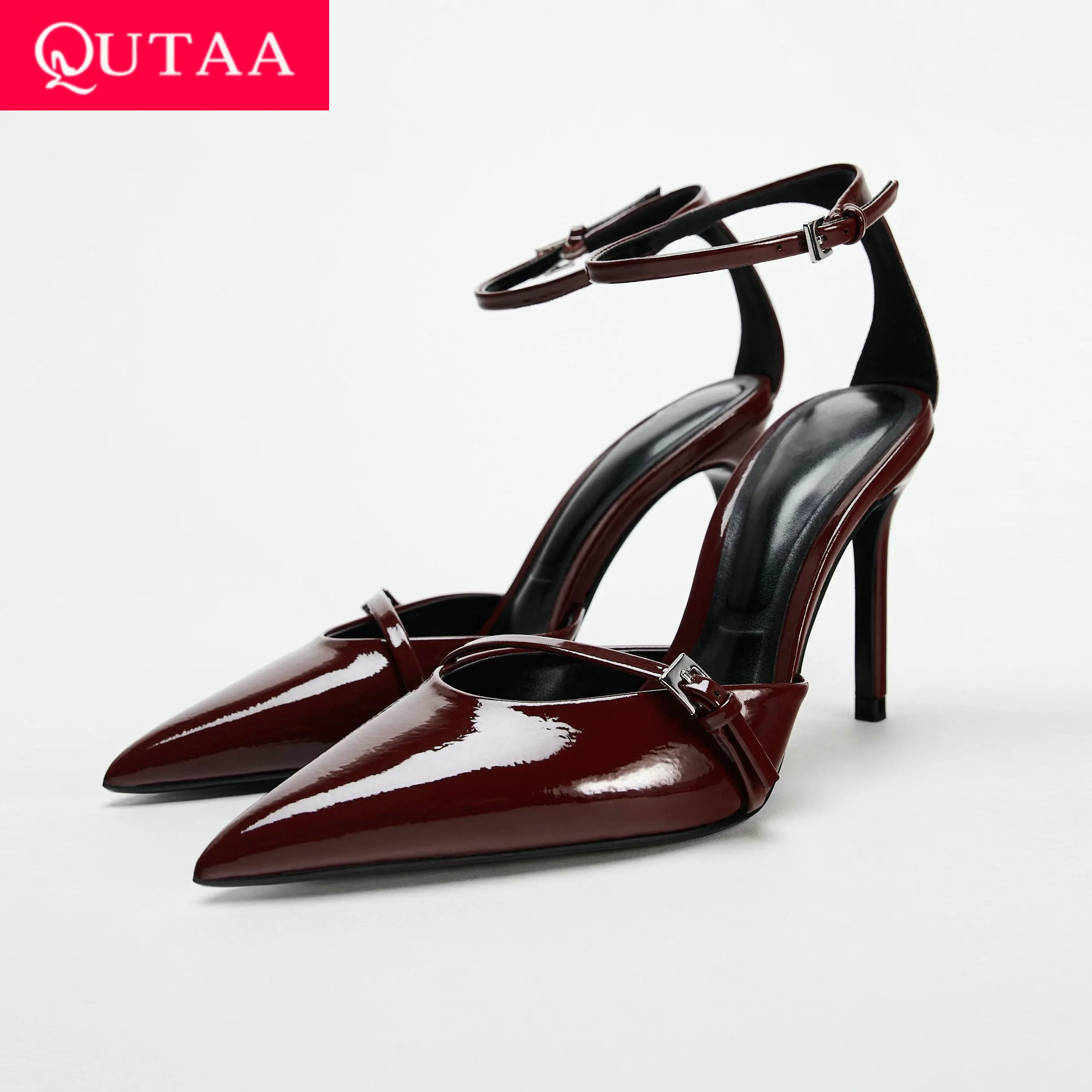 QUTAA 2025 Women Sandals Summer Sexy Pointed Toe Ankle Strap Party Shoes Patent Leather High Heels Wedding Shoes Woman 34-43