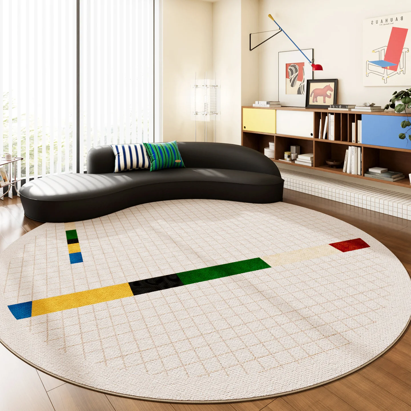Abstract Linear Round Carpet Colorful Accent For Lounge Dining Room Home Floor Soft Rug Pad