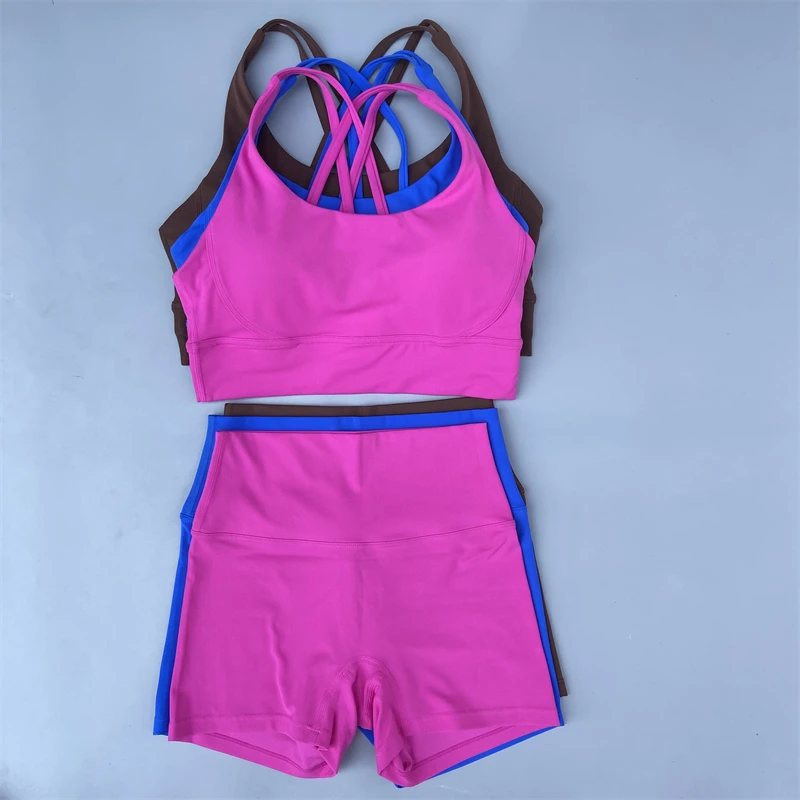 Women Yoga Shorts Set Gym Sports Suit Workout Outfit Set 2 Piece Cross Straps Fitness Bra High Waist Shorts Running Tracksuit