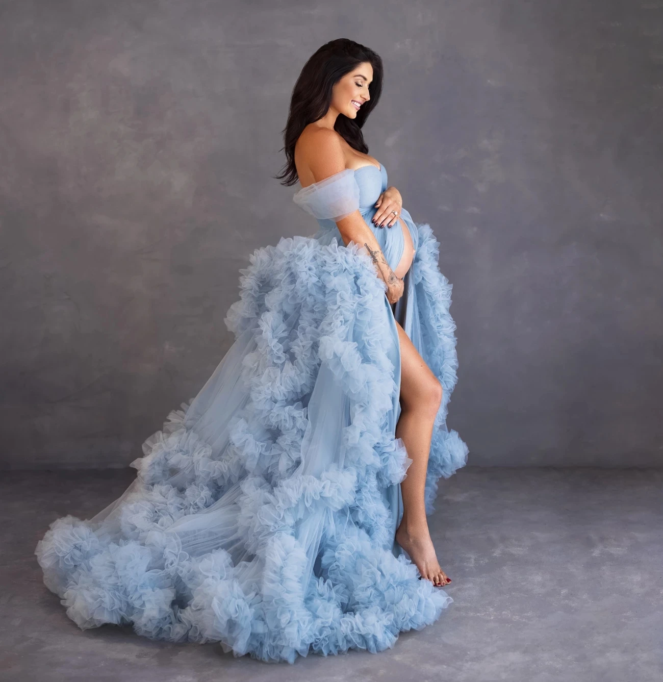 Blue ruffled tulle maternity dress prom dress off-the-shoulder fluffy long photo shoot dress customized