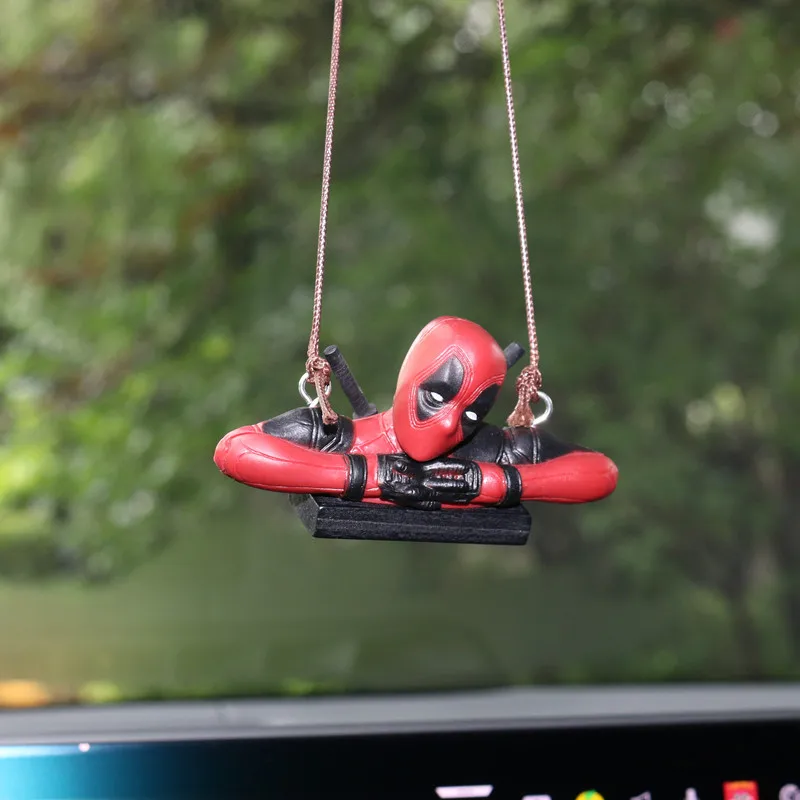 Marvel Deadpool Car Pendant Cartoon Anime Figures Rearview Mirror Leather PU Lanyard Indoor Kawaii Funny Model Accessories Gifts