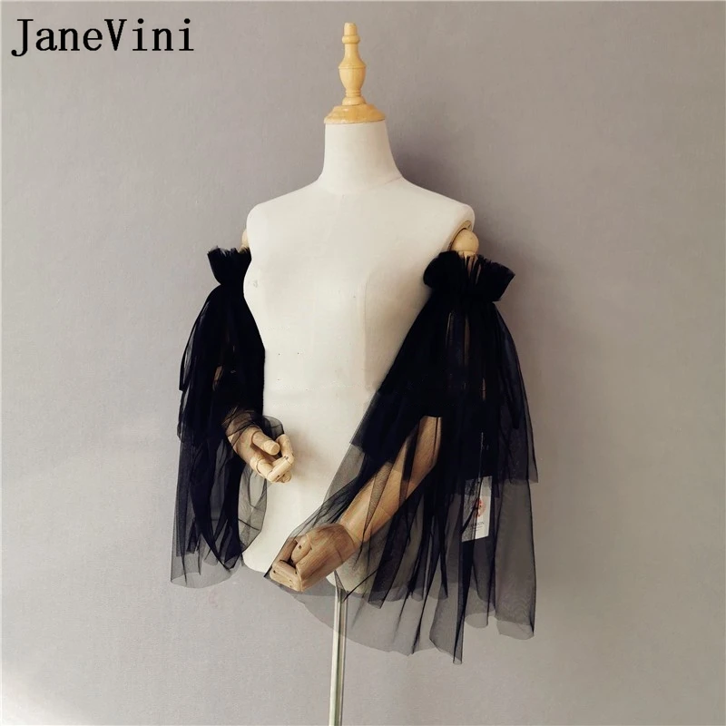 JaneVini-Bolero de malla de tul negro para novia, chaqueta de boda desmontable hacia arriba y hacia abajo para vestido de novia, envolturas de Chal