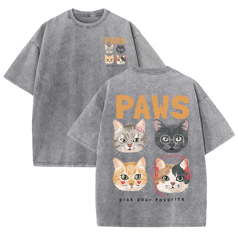 

Paws Pick Your Favorite Cool Cats Printing Washed T-Shirt Women Cotton T Shirts Crewneck Loose Clothes Multicolor Short Sleeve