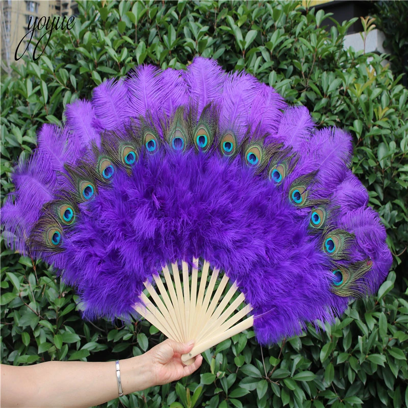 YOYUE 1pcs High Quality Green Ostrich Feather Fan Halloween Party Celebration Performance Crafts Props DIY Peacock Feather Fan