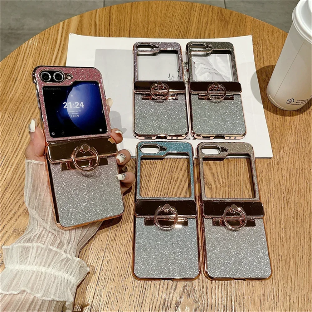 Glitter Ring Holder Stand Case for Samsung Galaxy Z Flip 6 5 4 3 ZFlip flip4 Flip5 Bracket Bling Diamond Gradient Plating Cover image 6