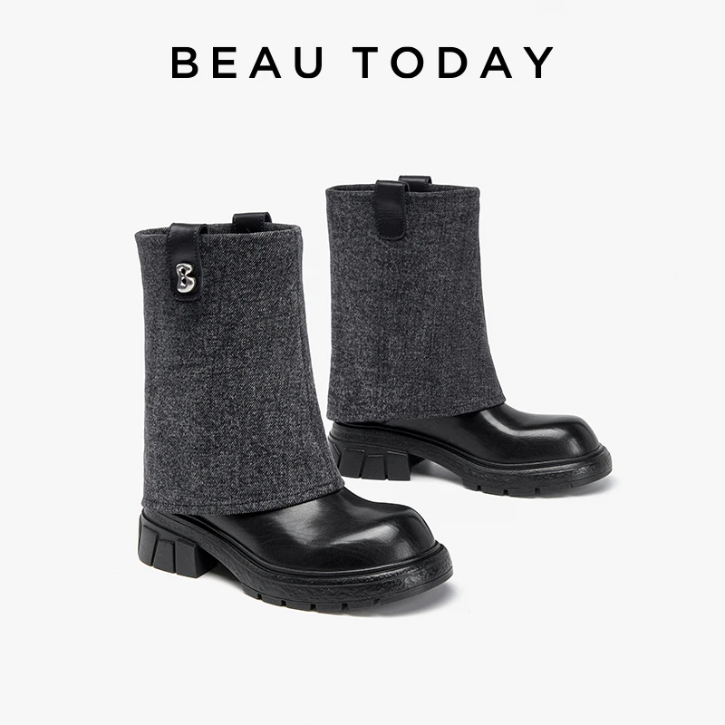 

Ботинки женские из телячьей кожи с круглым носком, до середины икры