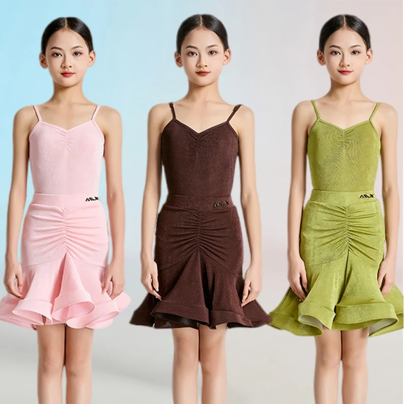 

Green Latin Dance Costume Summer New Sleeveless Latin Performance Dress Ruffle Skirt Girls Pink Rumba Practice Dancewear AMY1788