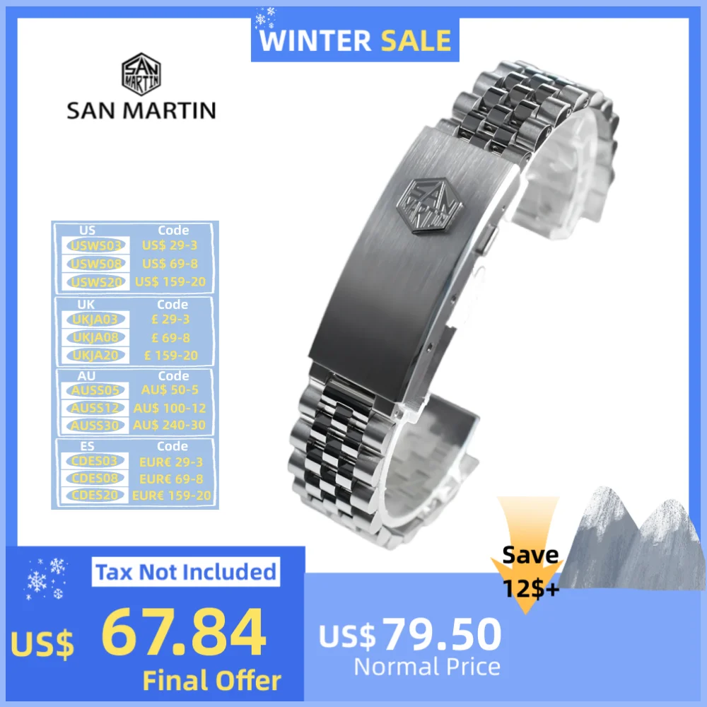 San Martin 20mm 5-Link Jubilee Bracelet Solid 316L Stainless Steel Fly Adjustable Clasp Curved End Links Fit For SN0008 / SN0128