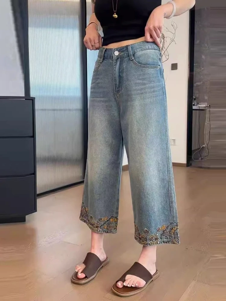 Heavy Industry Embroidered Flower Design Sense Jeans Women in Summer New Thin and Skinny Nine Cropped Straight Leg Pants