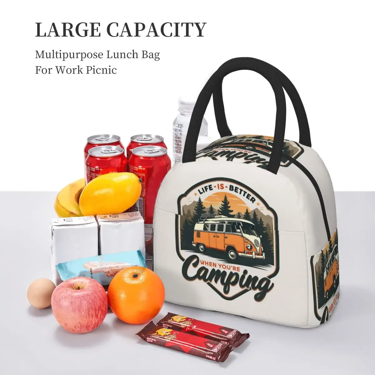 CamperVan Happy Camper Insulated Lunch Bag for Kids School Cooler Thermal Food Box Tote Portable Lunch Boxes Container