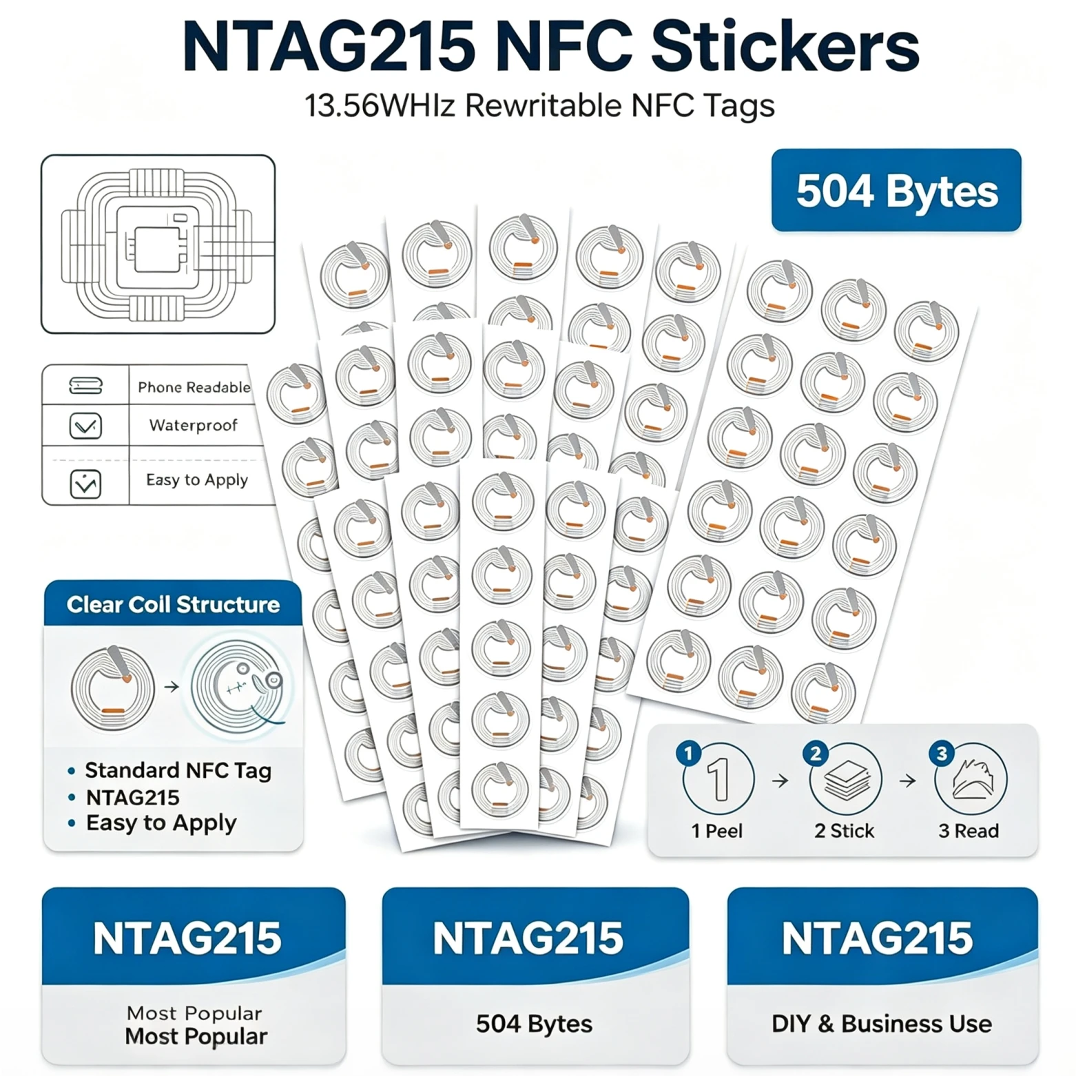 215 NFC 50/100/200PCS  Phone Available RFID Tag Stickers Adhesive Label NFC Ntag215 Self-adhesive Tag 13.56MHz ISO14443A Sticker