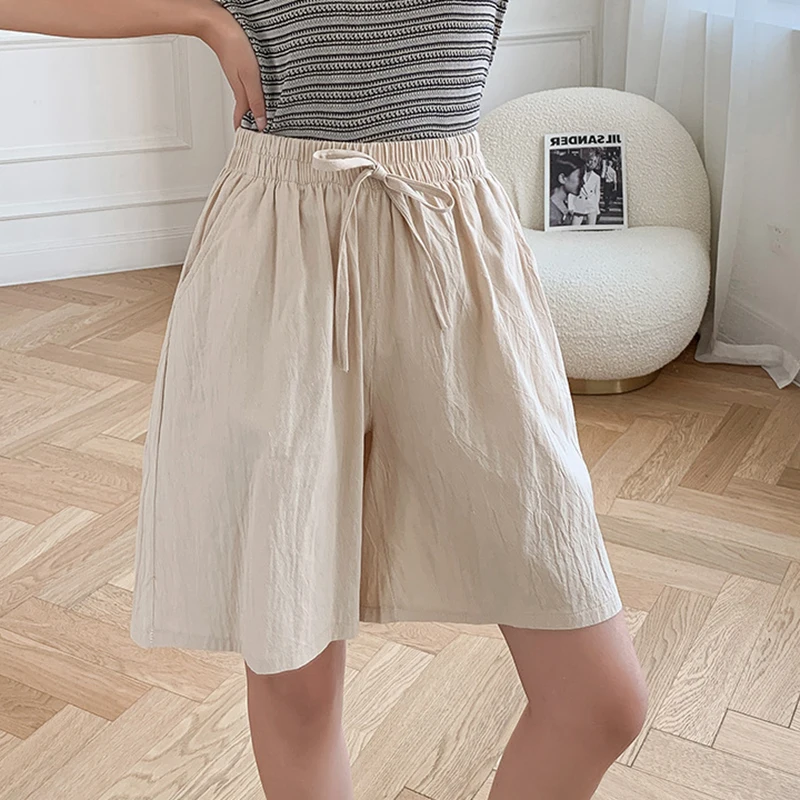 2026 Summer Cotton Linen Five Pocket Pants Women Elastic High Waist Wide Leg Casual Shorts Woman Pocket Solid Loose Short Pants