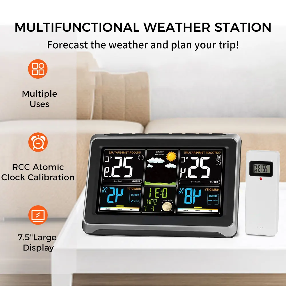 

Weather Station Wireless Indoor Outdoor Thermometer, Color Display Weather With Barometer, Calendar, Adjustable Backlight