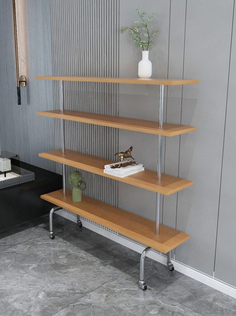 

Medieval designer landing shelf Ins wind stainless steel metal solid wood multi-layer movable display storage rack