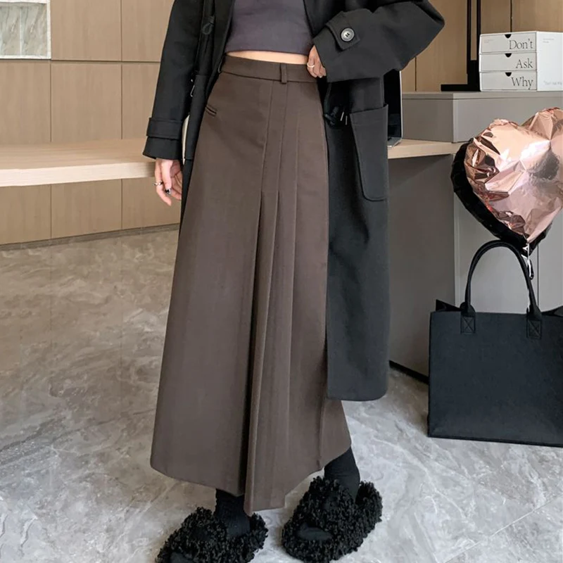 

Rimocy Vintage Pleated High Waist Skirt Women Autumn College Style Suit A-Line Skirt Woman Back Zipper Mid Length Skirts Female