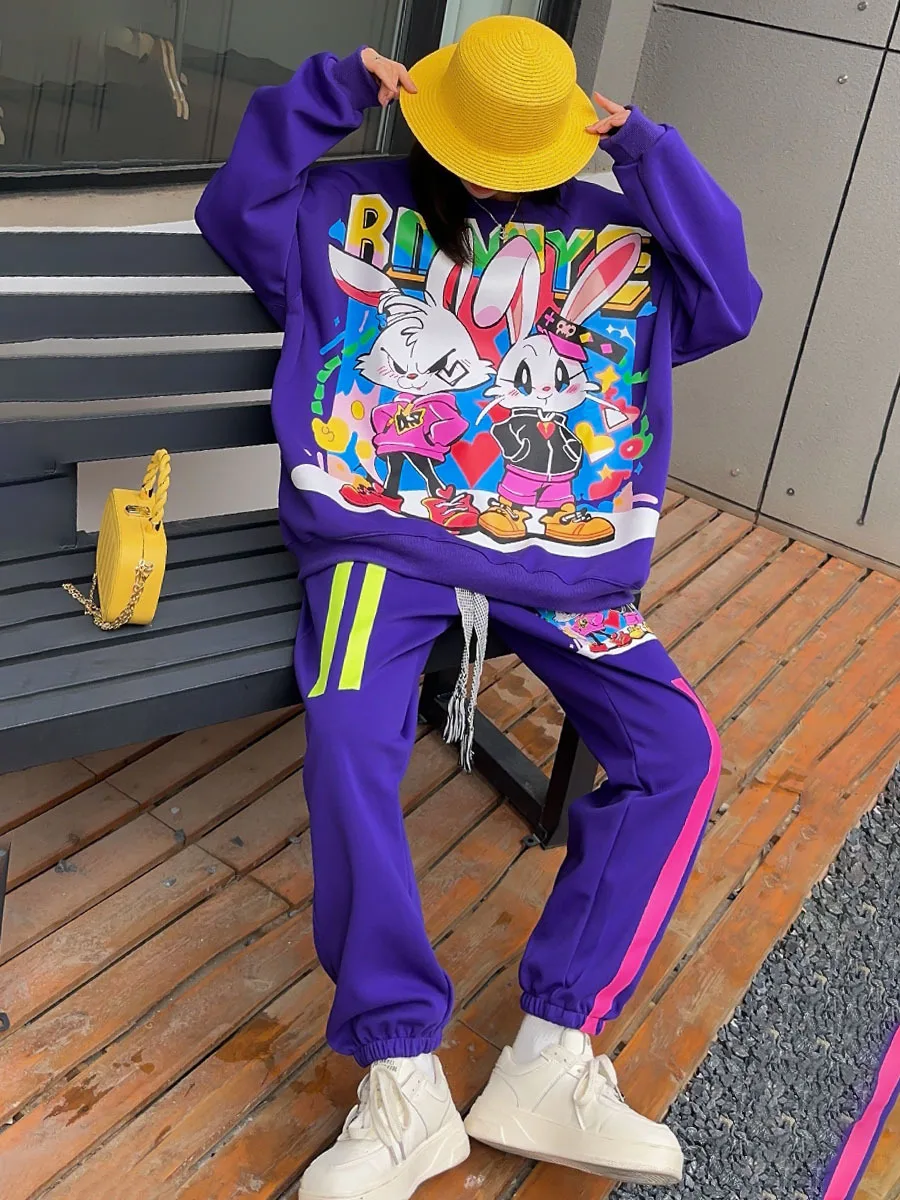 Fashion Trend Cartoon Print Oversized Pants Sets Outfits Women 2024 Autumn Sweatersuits Y2k Clothes Streetwear Hip Hop Bust132cm