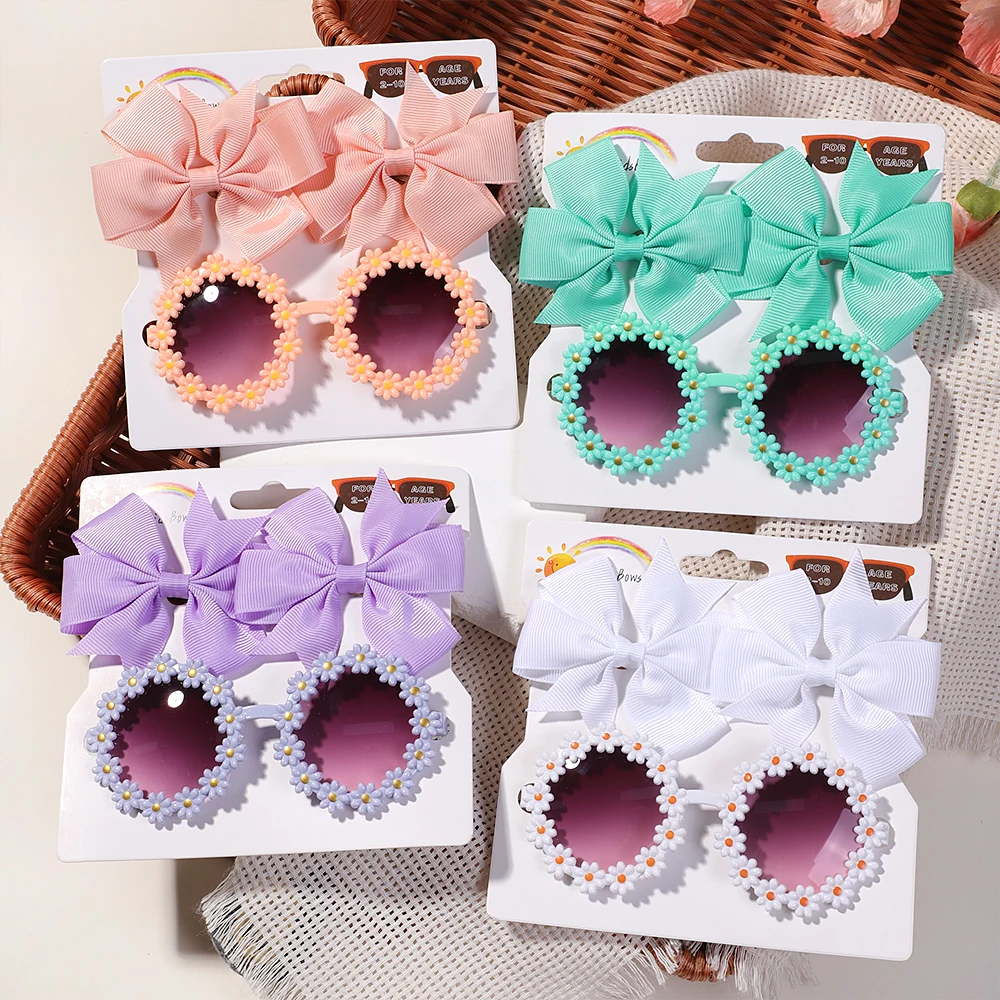 3Pcs/set Cheer Bow Hairclips Retro Flower Sunglasses for Kids Printing Handmade Hairgripes Girls Headwear Glasses Accessories