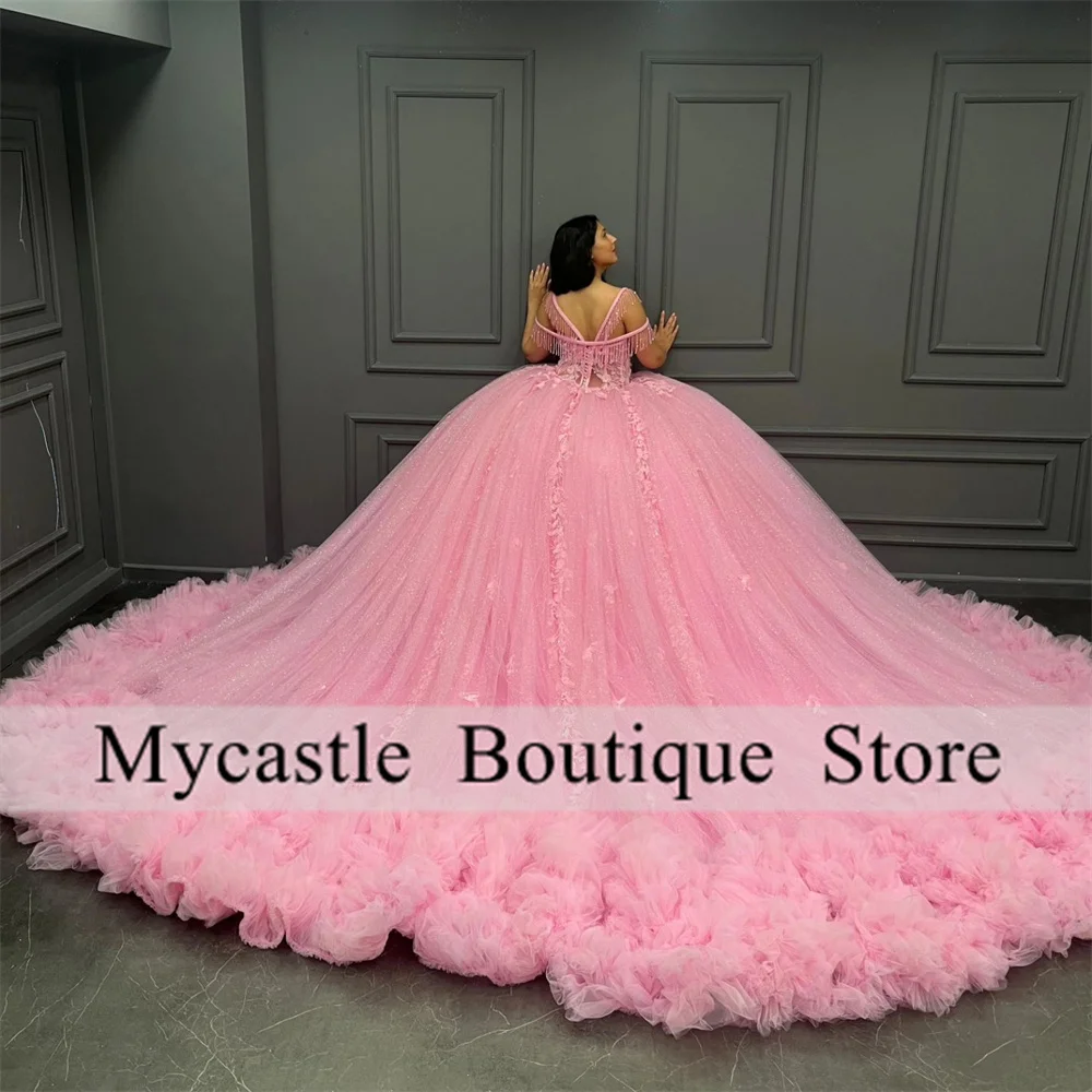 

Розовый тюль, кружевные аппликации, платья Quinceanera, 2025 г., платье с кисточками из бисера, платье для дня рождения, милое платье 16, по индивидуальному заказу