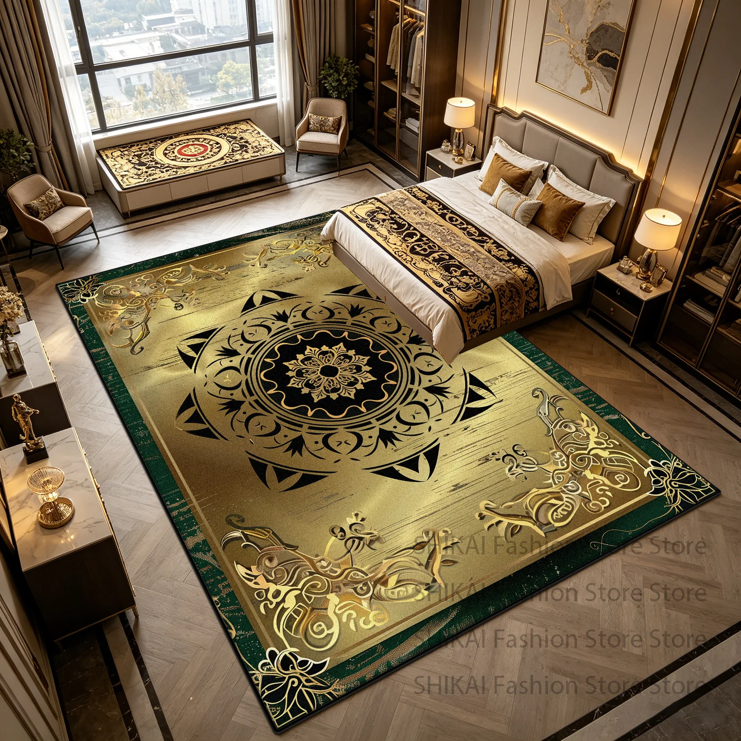Moderner Schwarz-Gold Luxus-Stil Wohnzimmerteppich Dekoration Waschbarer Weicher Teppich Rutschfester Flauschiger Couchtisch-Teppich