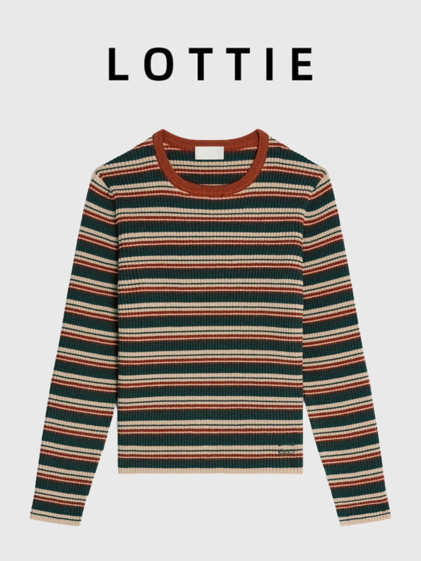 로티 가을 신상 니트 롱 스웨터 라운드넥 슬림핏 스웨터 자수 로고 스트라이프 캐주얼 울 혼방