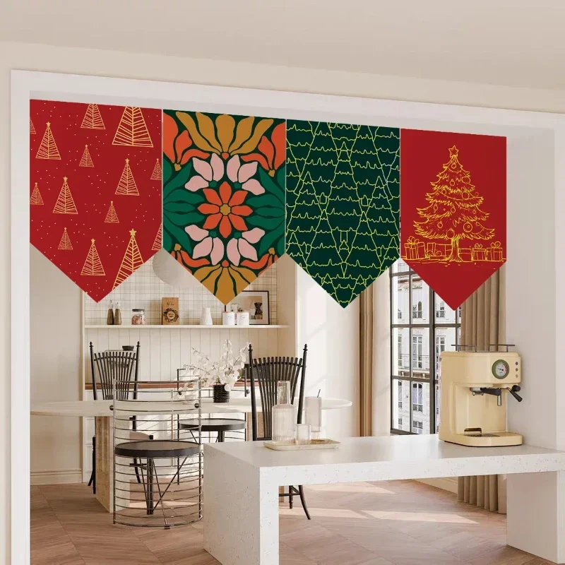 VIKAMA Christmas Triangle Flag Curtain Retro Christmas Tree Window Triangle Curtain Holiday Home Kitchen Wall Decoration