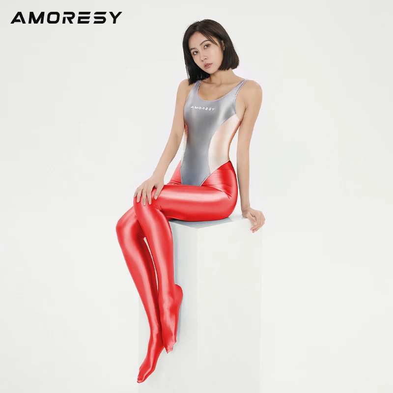 AMORESY leucothea series black and white color sexy high brightness high elastic tight elastic thong competitive T-back swimsuit