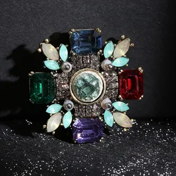 Vintage Colored Circular Flower Shaped Rhinestone Brooch Retro Square Crystal Metal Lady's Elegant Pin Graceful Scarf buckle