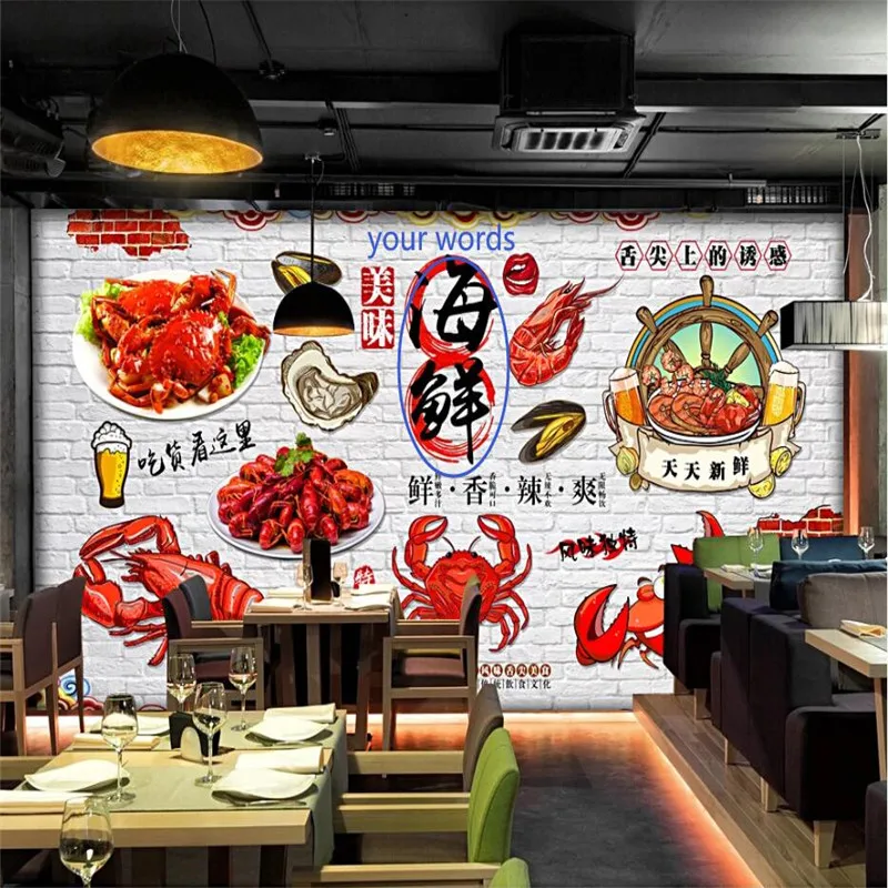 Custom 3D Hand-painted Delicious Seafood Shrimp Crab Mural Wall Paper Seafood Restaurant Snack Bar Industrial Decor Wallpaper 3D