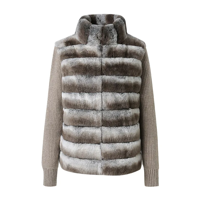 Abrigo de invierno de piel de conejo Rex auténtica para mujer, chaqueta tejida gruesa y cálida con cuello levantado, prendas de vestir de Color Chinchilla a la moda para mujer