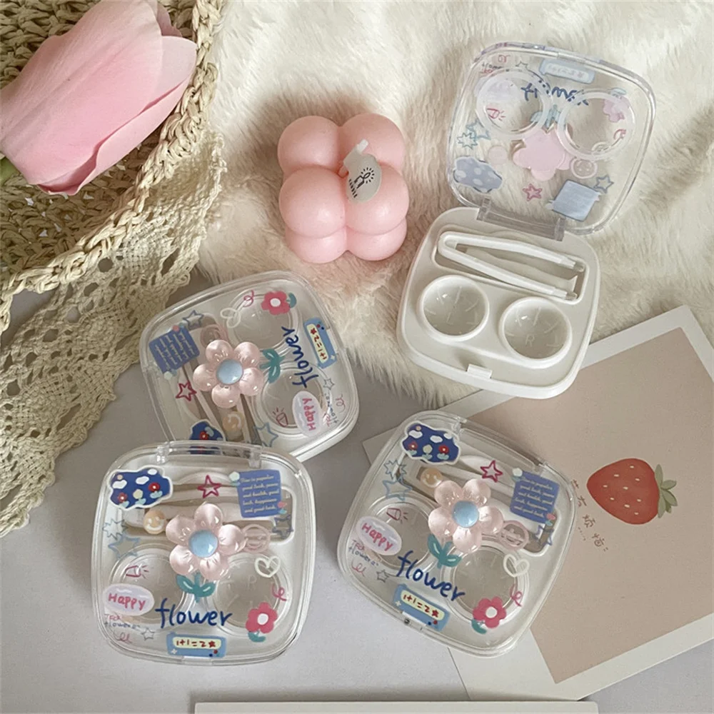

KLASSNUM Cute 3D Flower Kawaii Contact Lens Box Aesthetic Pastel Color Storage Container Holder With Mirror Travel Kit For Women