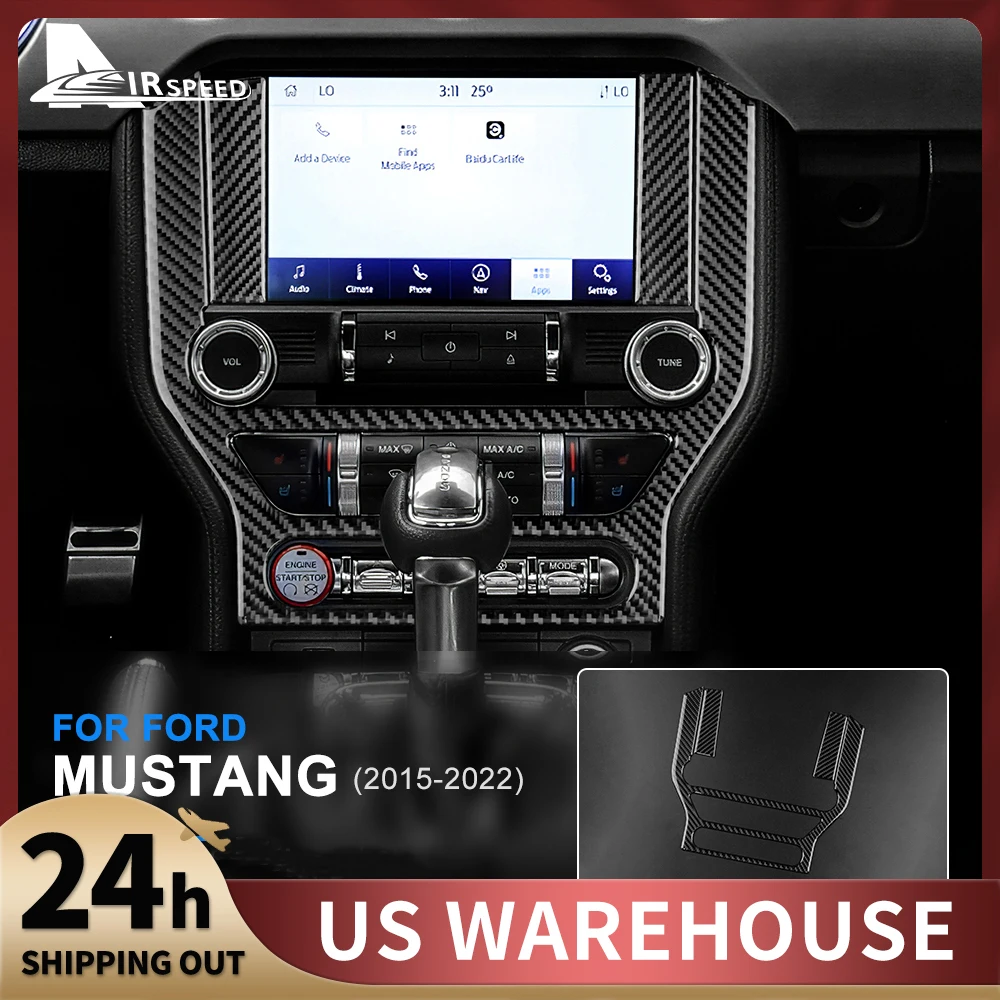 フォードマスタング2015, 2016, 2017, 2018, 2019, 2020, 2021, 2022に適した,コントロールパネル付きの本物のソフトカーボンファイバーコンソールステッカー
