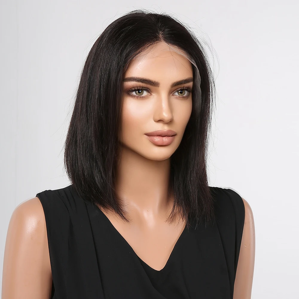 Natural Black Human Hair Wigs Bob Lace Front Wig with Baby Hair Middle Part Straight Remy Hair Wigs for Women 12 inch HAIRCUBE