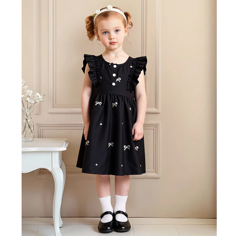 Mädchen Schleife bestickte Kleidung neue Sommer Baby Mädchen Kleid Rundhals kleine fliegende Ärmel Prinzessin Kleid blau Kinderkleid