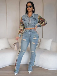 2024 Women's Printed Splicing Denim Jacket Long Sleeve and Piercing Jeans Long Pants Color Contrasting Set Two Piece Set