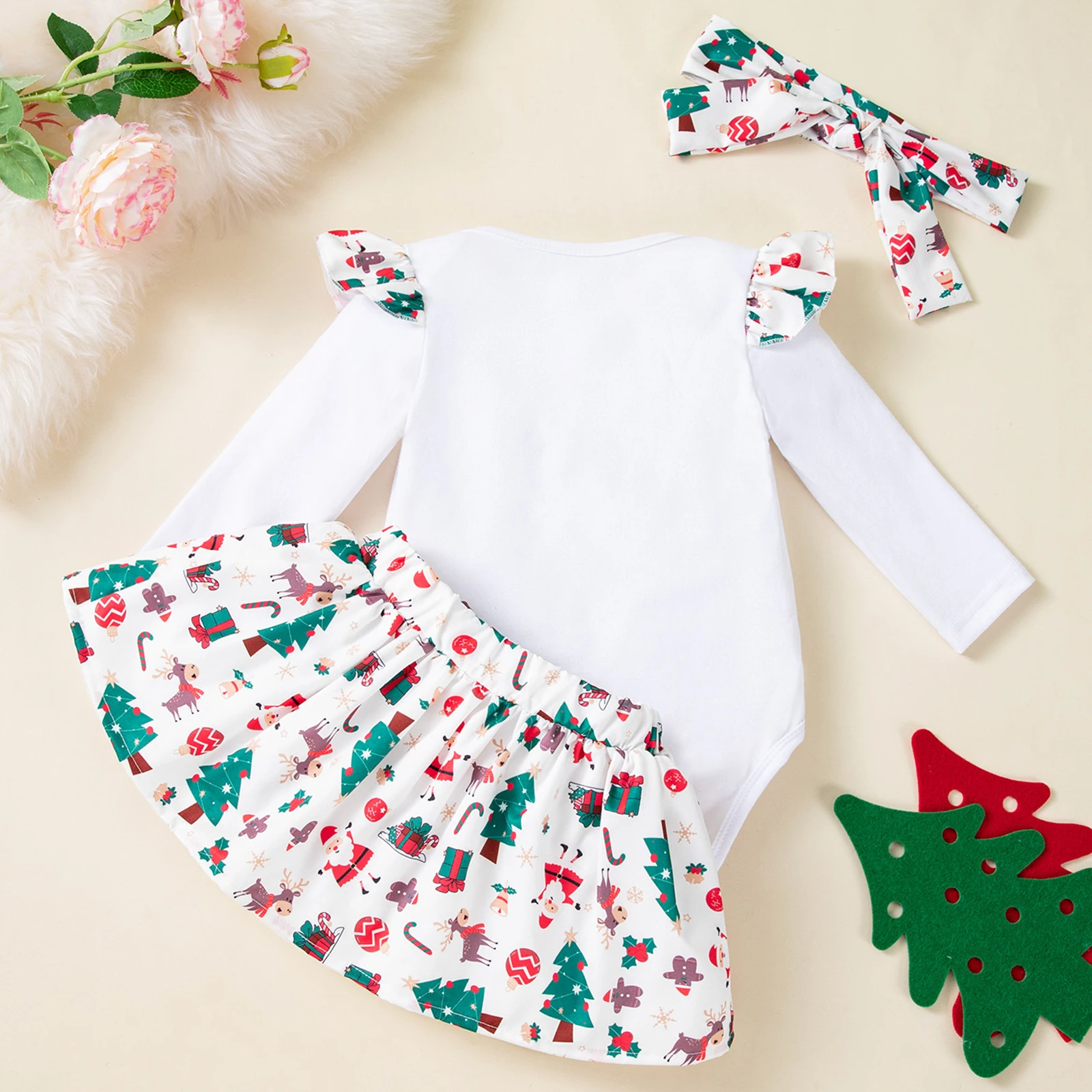 Tregren 1-18 متر الرضع طفلة عيد الميلاد الزي طويلة الأكمام رومبير + القوس الجبهة تنورة صغيرة + مجموعة عصابات رأس ملابس الوليد