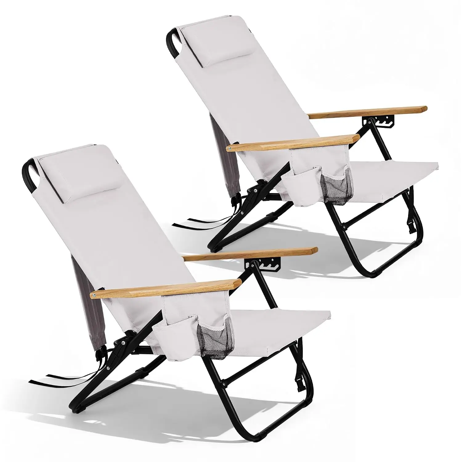 5-Position Folding Lounge Chair, Portable Beach Chair with Wood Armrests Pockets Cup Holder Straps Alloy Frame 2PC, Customized