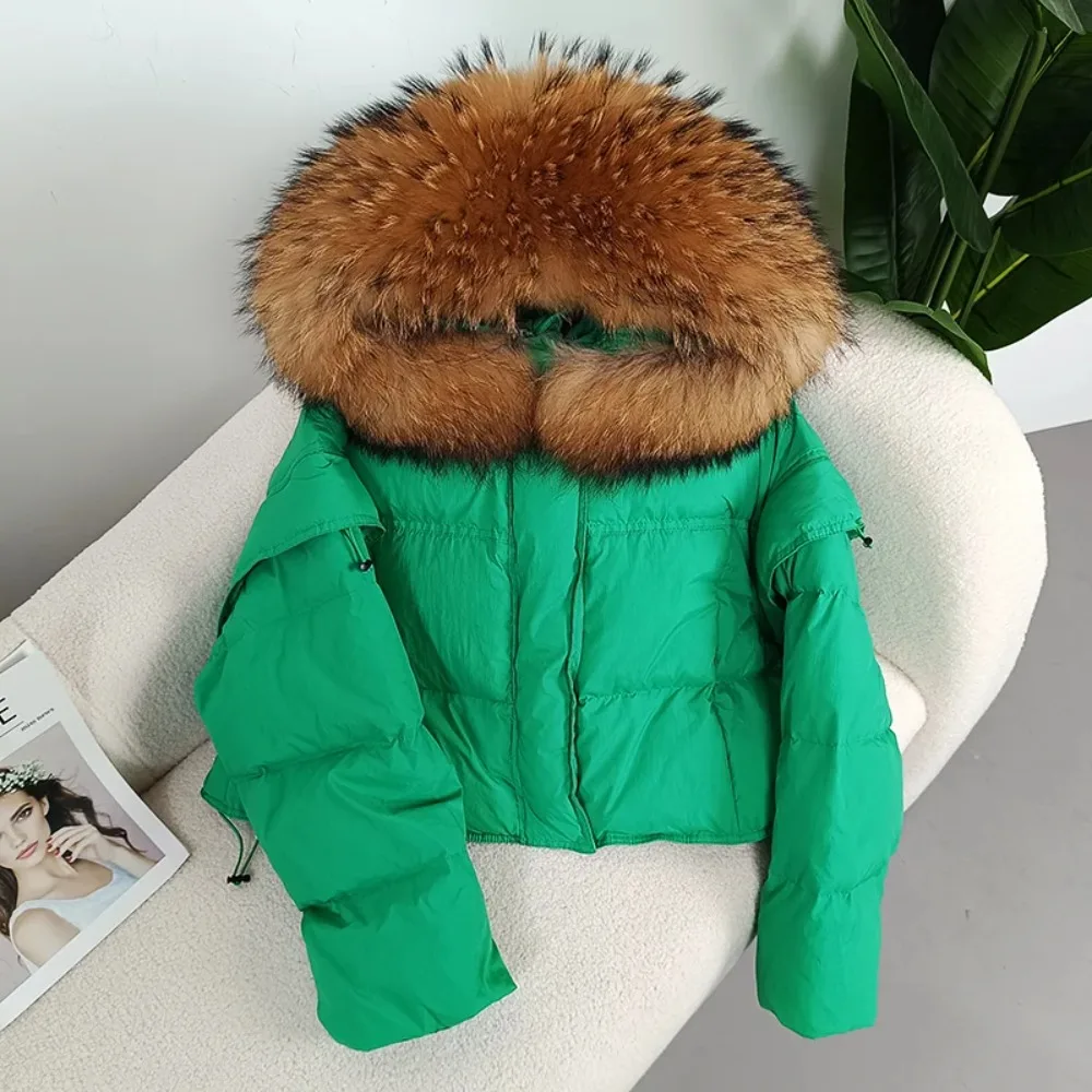 Autumn Winter Women Real Raccoon Fur Collar Hooded Detachable Sleeve Jacket Duck Down Loose Fashionable Streetwear Outerwear