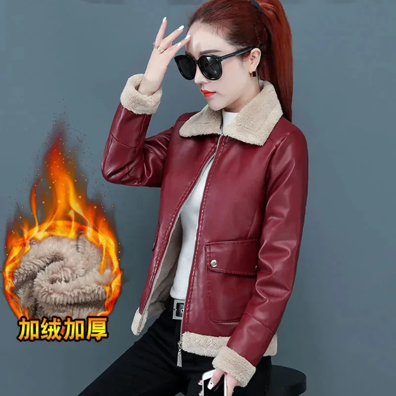 2022 neue Frauen Pu Leder Wolle Mantel Winter Casual Schwarz Moto Biker Jacke Warme Pelz Leder Drehen-Unten Kragen zipper Streetwear