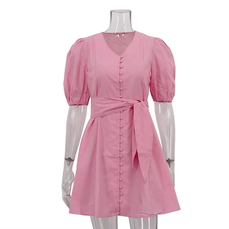 Faionable V-ne Bubble Sve ort Dr Gonna a trapezio a vita alta con cintura in cotone Dr Abbigliamento quotidiano