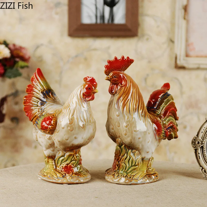 Creative Rooster and Hen Sculpture Ceramic Crafts Living Room Wine Cabinet Decoration European Home Courtyard Decoration Art