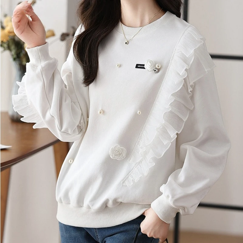 Sweatshirts Women All-match Design Unique Ruffles Korean Fashion 3d Print Streetwear Casual Loose Fit Popular Autumn Daily Mujer