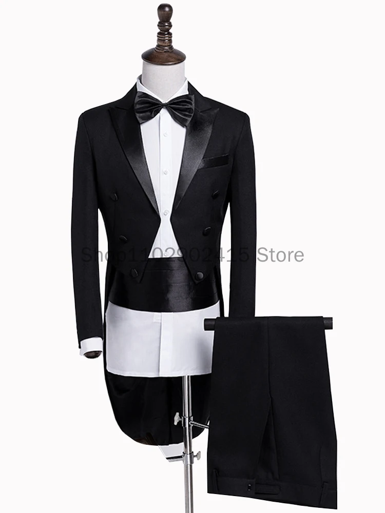 2023 Medieval Mens Classic Black White Shiny Lapel Tail Coat Tuxedo Wedding Groom Stage Singer Cosplay Suits 4 Pcs Set