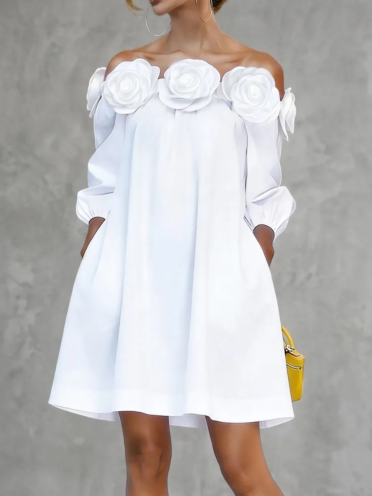 UOOZEE Damen Baumwollmischung 3D-Rosen Schulterfreies Weißes Mini-Kleid 2026 Neu 3/4 Ärmel Locker Elegantes Party A-Linien-Kleid