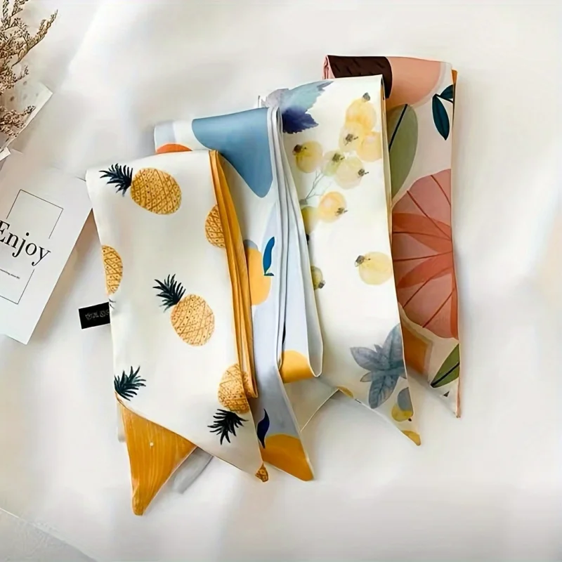 4pcs Fruit Print Decorative Ribbons Headband Women Korean Style Bow Scrunchie Hair Tie Ponytail Holder Satin Hair Rope Headwrap